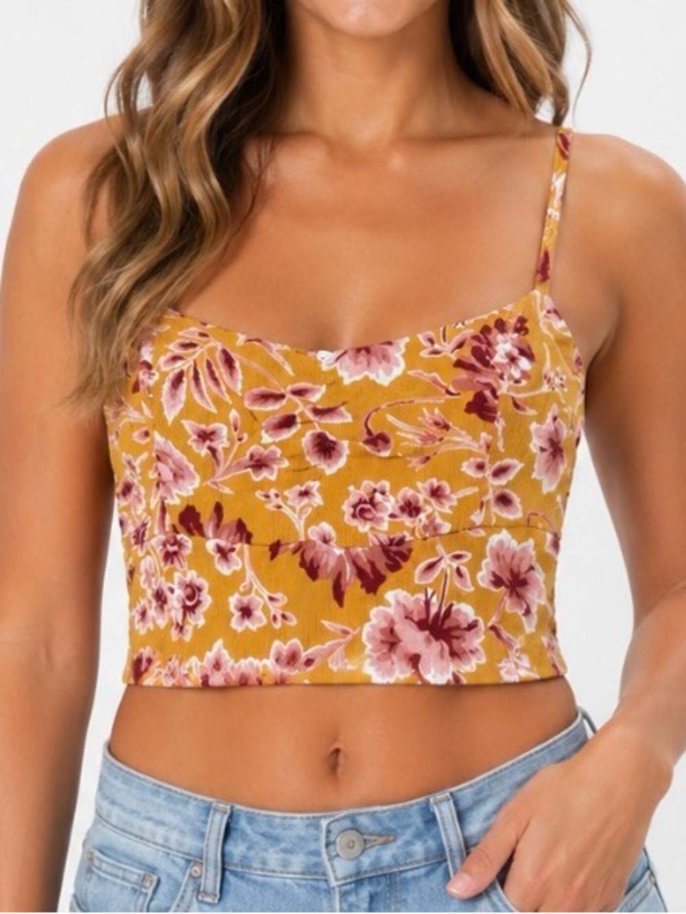 Aeropostale Floral Mustard Cropped Cami Top SZ XL